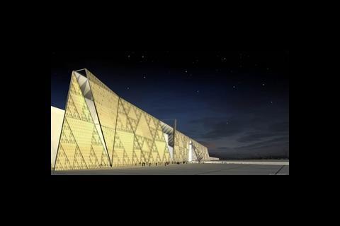 Grand Museum of Egypt, Buro Happold, exterior at night